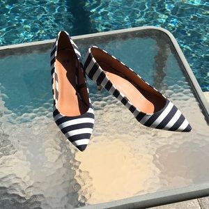 Navy blue stripe kitten heels